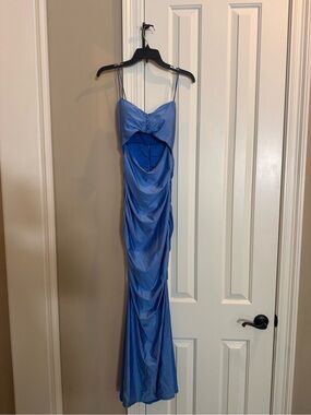 Crystal Doll Blue Satin Backless Cutout Maxi Dress